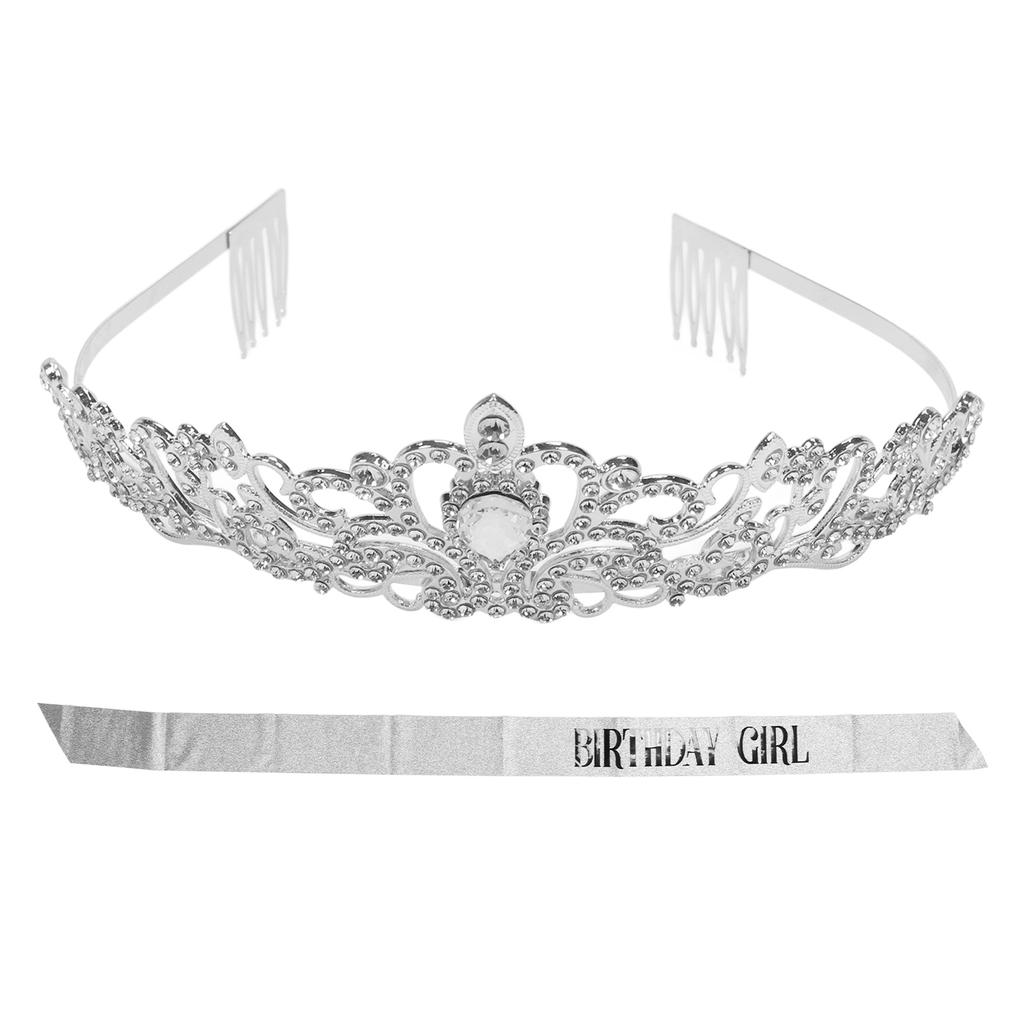 Wedding Crown Set Decorative Shiny ABS Alloy Beautiful Silver Princess Birthday Tiara with Shoulder Strap for Party