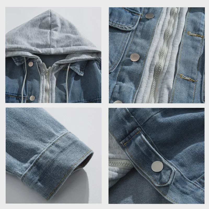 Herren 2022 Frühling/Herbst Colorblock Kapuzen-Jeansjacke – Trendige japanische Freizeitbekleidung