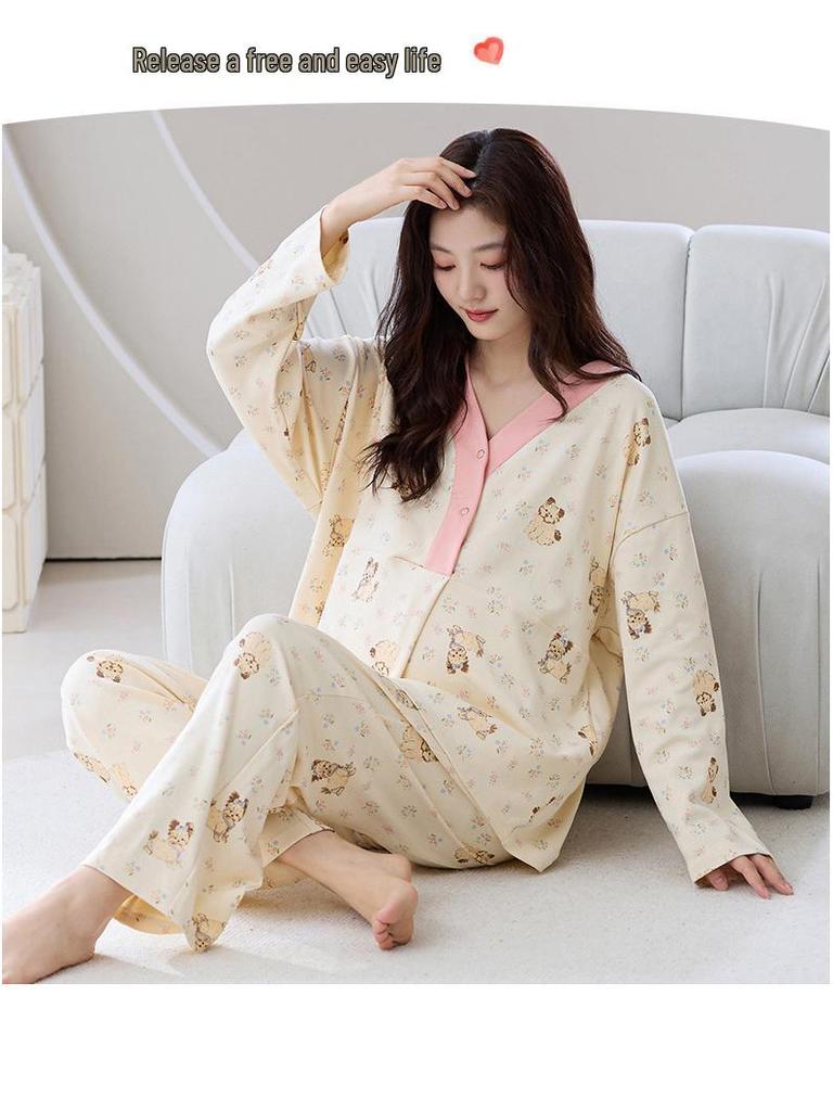 Plus Size Maternity Pajamas with Chest Pads for Autumn/Winter - Women's Postpartum Nursing & Home Wear Set