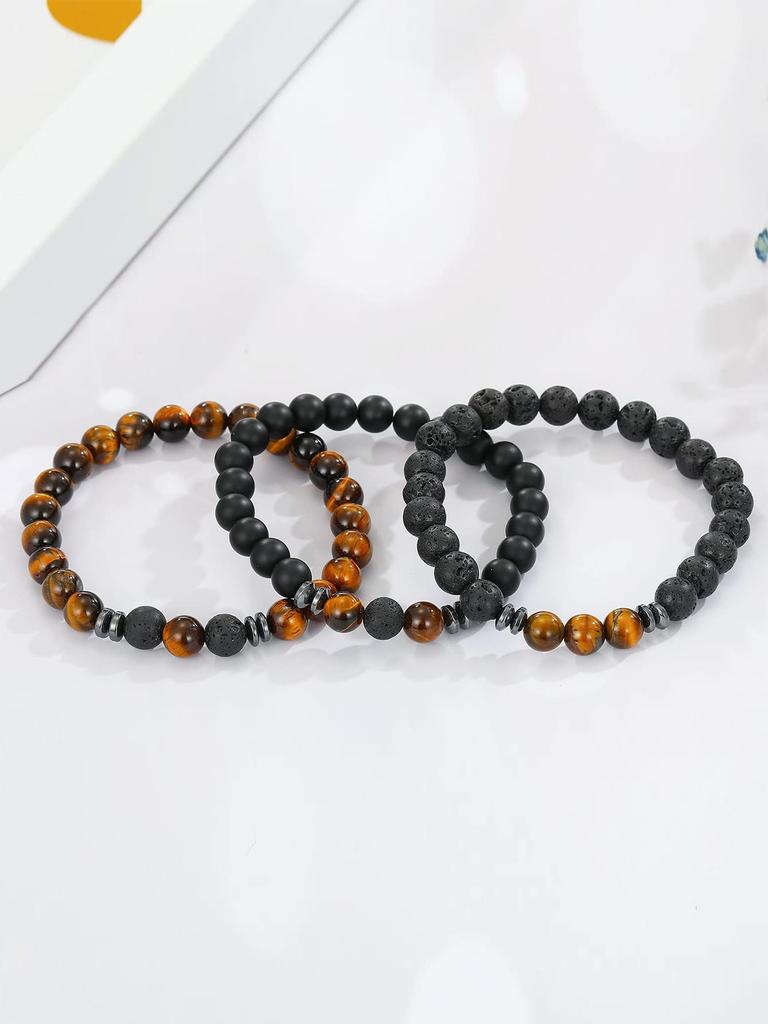 3 Pieces / Set Fashion Men'S Bracelet Natural Stone Tiger Eye Lava Bead Bracelet Men'S And Women'S Zircon Gift Classic