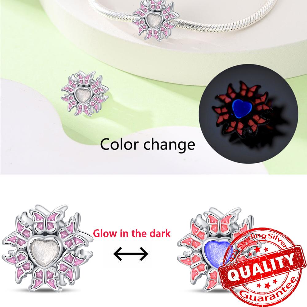 Original 925 Sterling Copper Glow-in-the-dark Green Zircon Heart Butterfly & Spinning Ball Dangle Charm Fits Original Bracelet