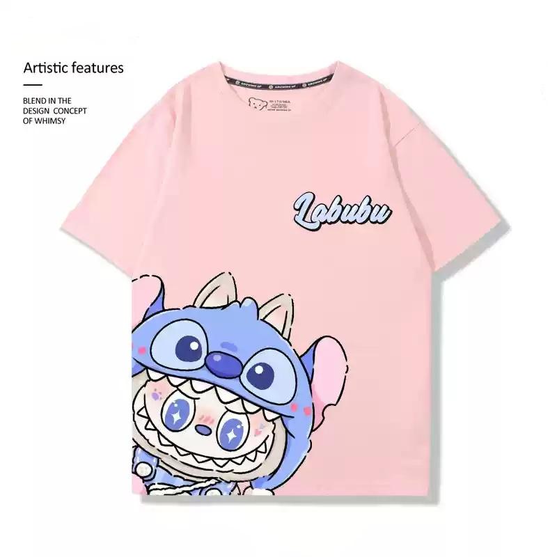 Labubu pink printed T-shirt anime short-sleeved top unisex fashion casual