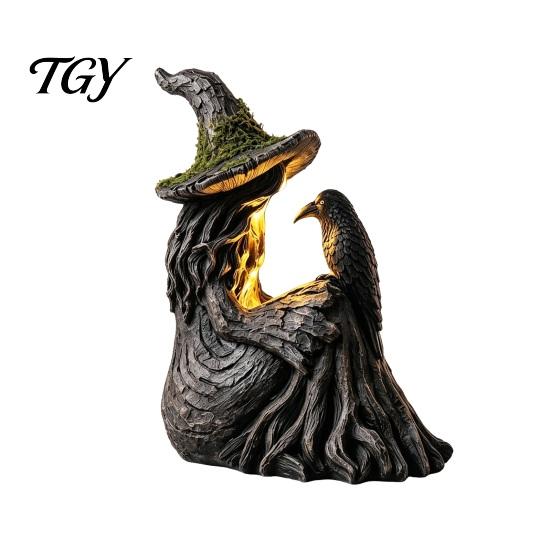 Mossy Ancient Tree Witch Crow Statue Luminous & Raven Figurine with Texture, Resin Gothic No Installation Required Decor LED Light for Halloween Home