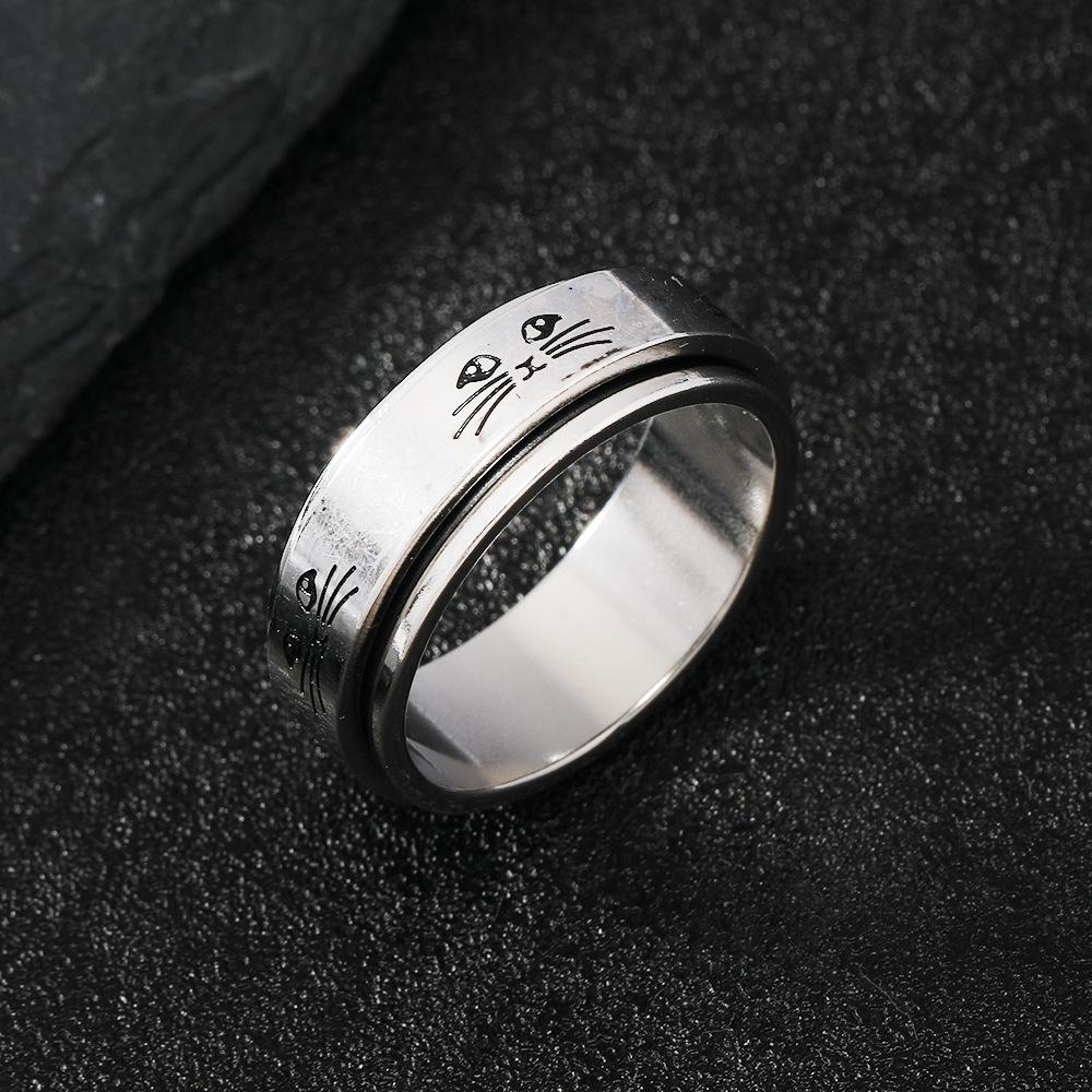 Rotatable Metal Cat Face Ring For Women Men Silver Color Stainless Steel Ring Punk Gothic Simple Accessories Kitten Jewelry Gift