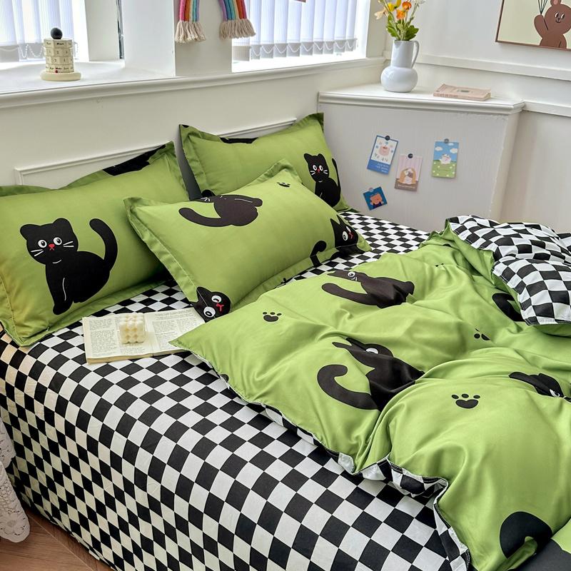 Cartoon Black Cat Duvet Cover SetKitten Bedding Set 4Pcs Quilt Cover 1 Flat Sheet And 2 Pillow ShamsPolyester Comforter Cover