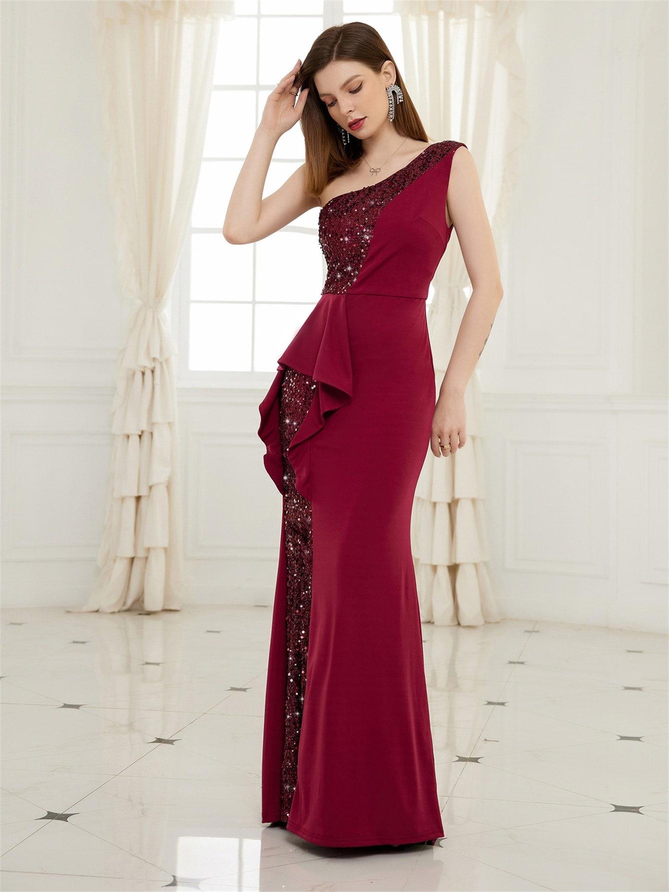 Cross-Border Red Sequined One-Shoulder Mermaid Evening Gown for Women XXL вино красного