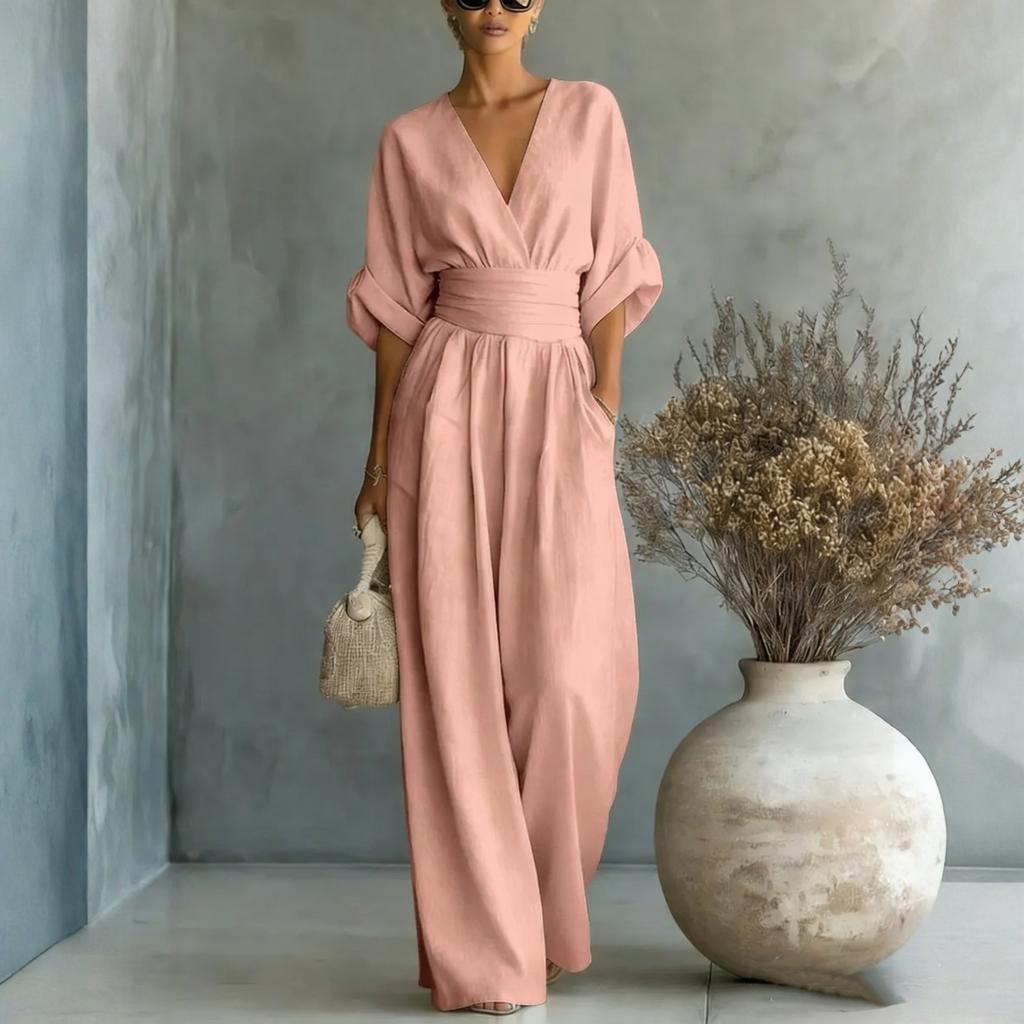 Tuta Elegante da Donna a Gamba Larga con Scollo a V e Cintura