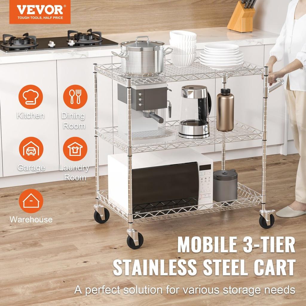 Kitchen Utility Cart, 3 Tiers, Wire Rolling Cart with 661LBS Capacity, Steel Service Cart On Wheels, Metal Storage Trolley with 80mm Deep Basket