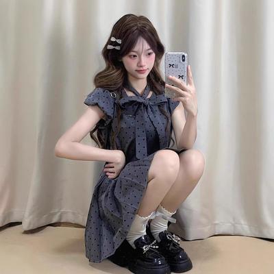 French Grey Polka Dot Small Flying Sleeve Dress Children's Summer 2026 New Small Fresh and Sweet Short Dress