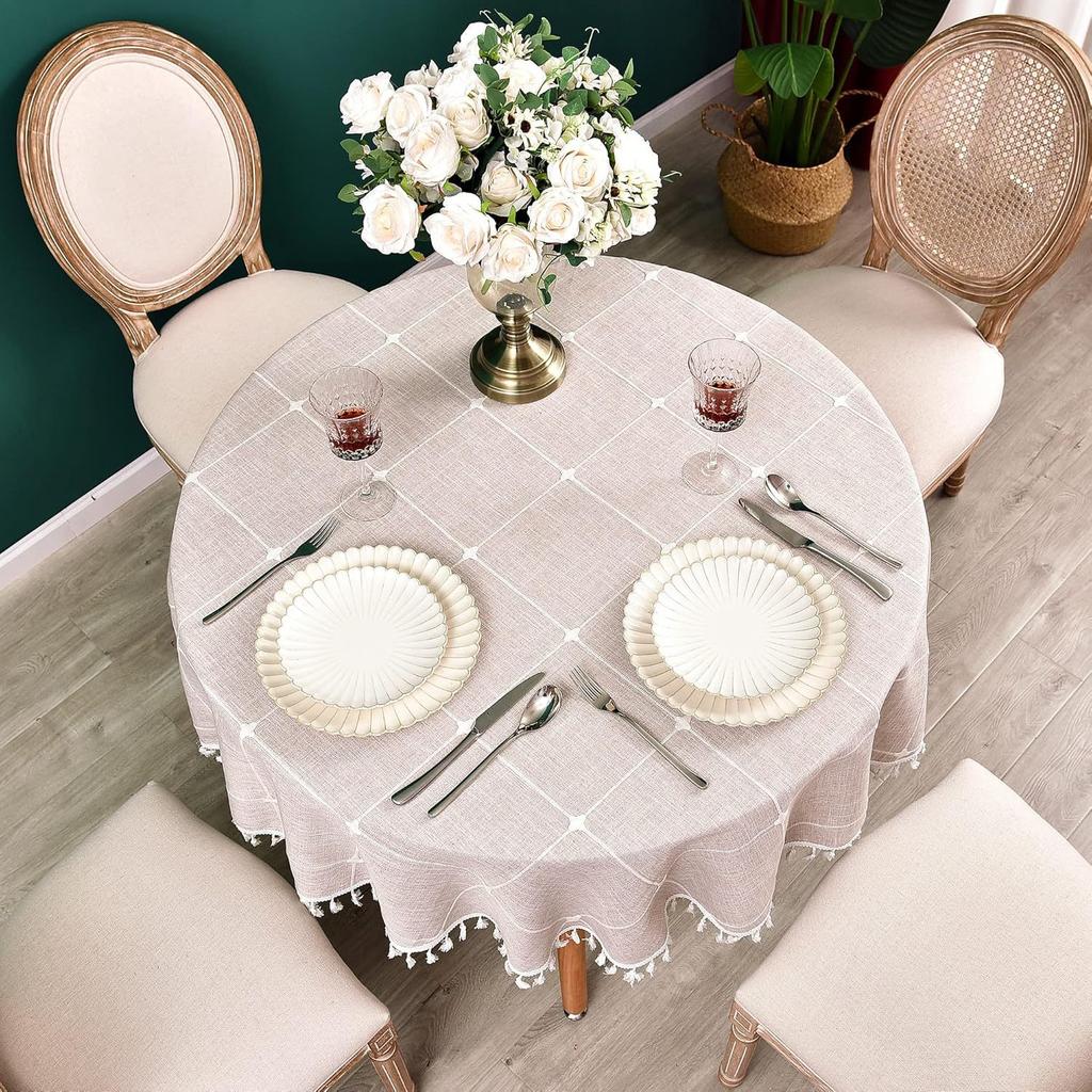 Nordic Ins Style Round Table Cloth Fringed Large Plaid Picnic Table Fabric Imitation Cotton And Linen Tablecloth Cover Cloth Spot Batch