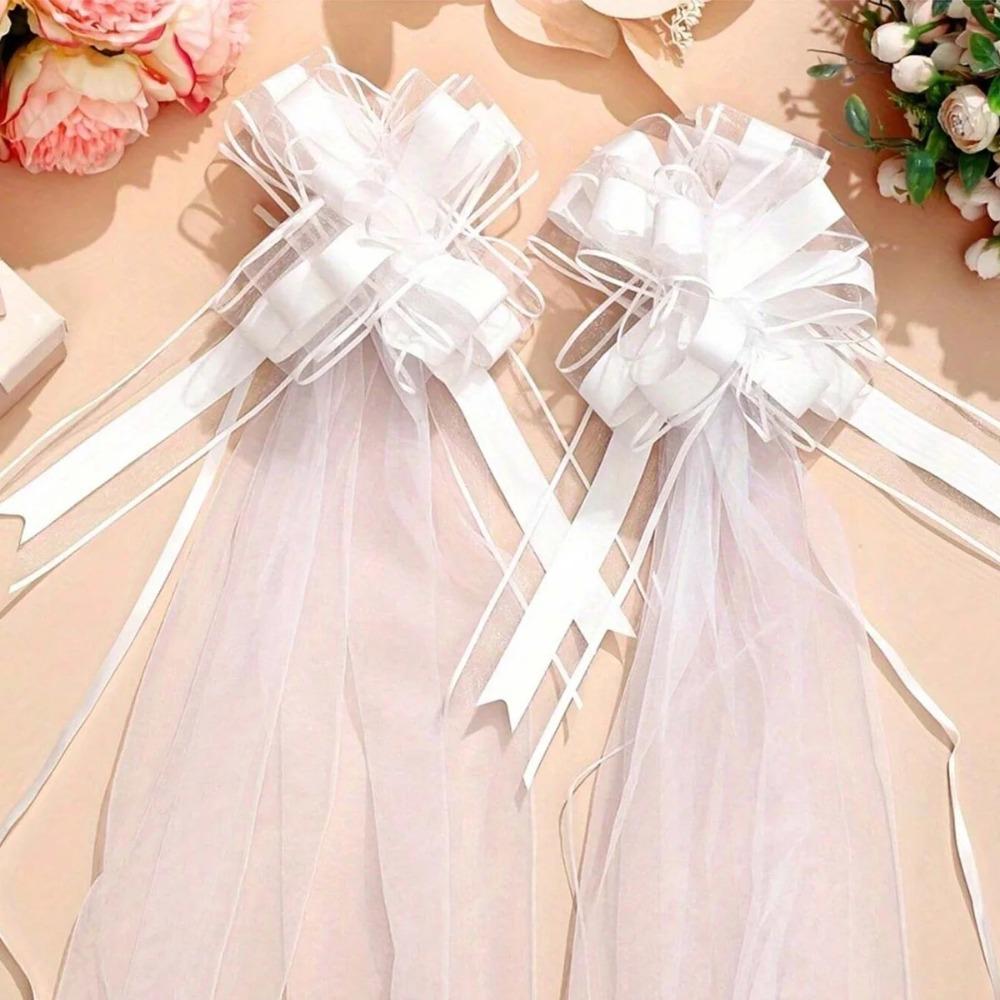 4Pcs White Church Wedding Pew Bows with Long Tulle Tails Ceremony Chair Aisle Decor Church Aisle Decor Wedding Car Decoration