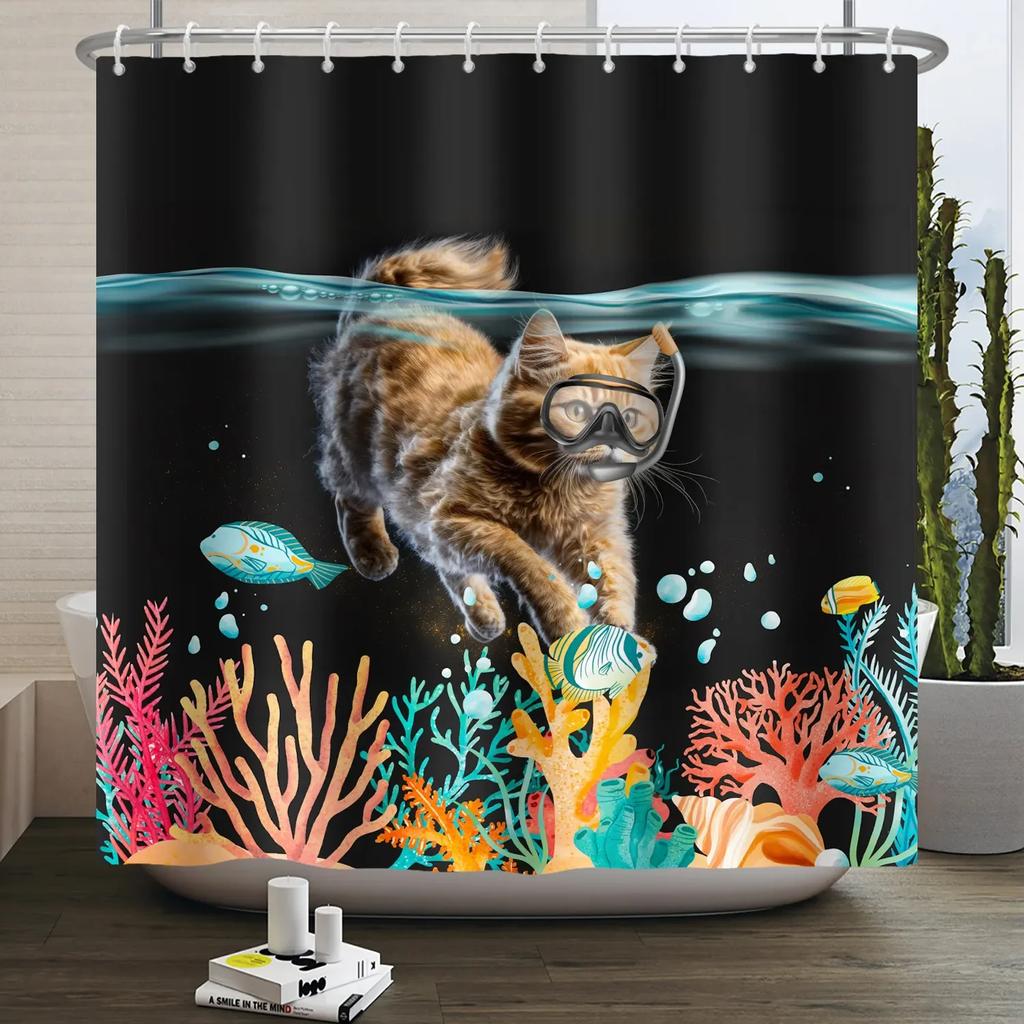 Funny Cat Shower Curtain Cartoon Cute Cats Dog Kids Shower Curtain for Bathroom Waterproof Polyester Home Decor Shower Curtains
