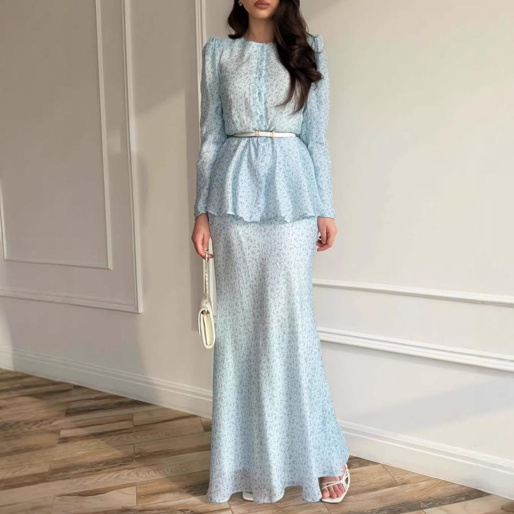 Cross-border European and American women's clothing  Amazon casual fashion round neck belt lady long sleeve hip skirt two pieces
