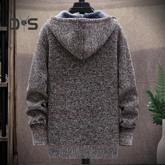 Winter Men Jacket Thickened Fleece Hooded Drawstring Zip-up Long Sleeves Sweater Coat Pockets Elastic Cuff Retro Knitted Daily Wear Outerwear Jacket