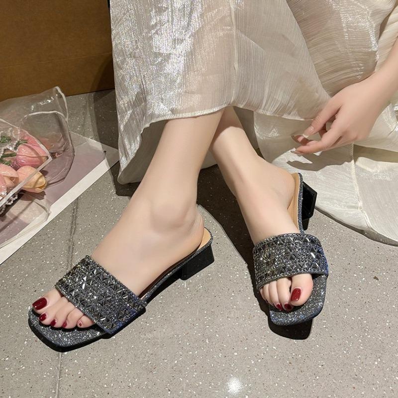 Fashion Stylish Square Heel Slippers Summer New Square Toe Open Toe Rhinestone Strap Anti-slip Wear-resistant Kitten Heels