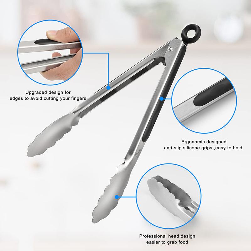 Stainless Steel Kitchen Tongs 12", Locking Metal Food Tongs Non-Slip Grip