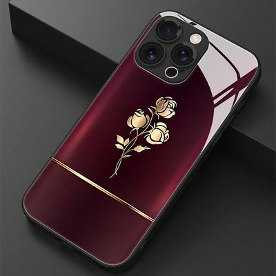 Gold Rose Print Tempered Glass Phone Case For iPhone 17 16 15 14 13 12 11 Pro Max 17Air 16E 7 8 Plus XR XS X Shockproof Cover