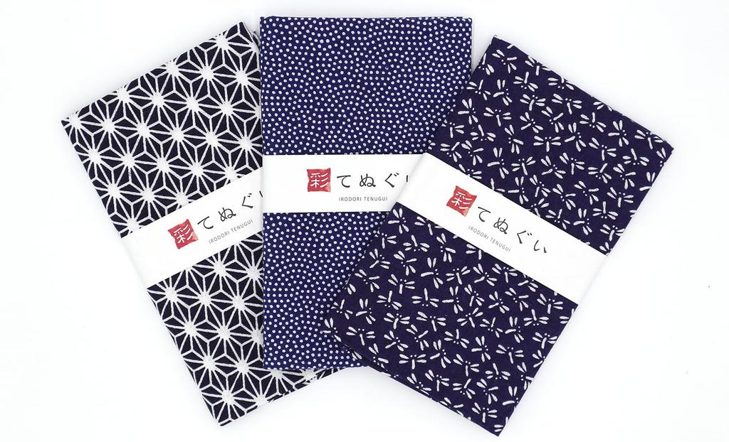KOMESICHI Irodori Small Pattern Tenugui Navy Blue Set Set of 33 X 88cm (Tenugui) B, Anti-Fray Finish, 3, Approx.