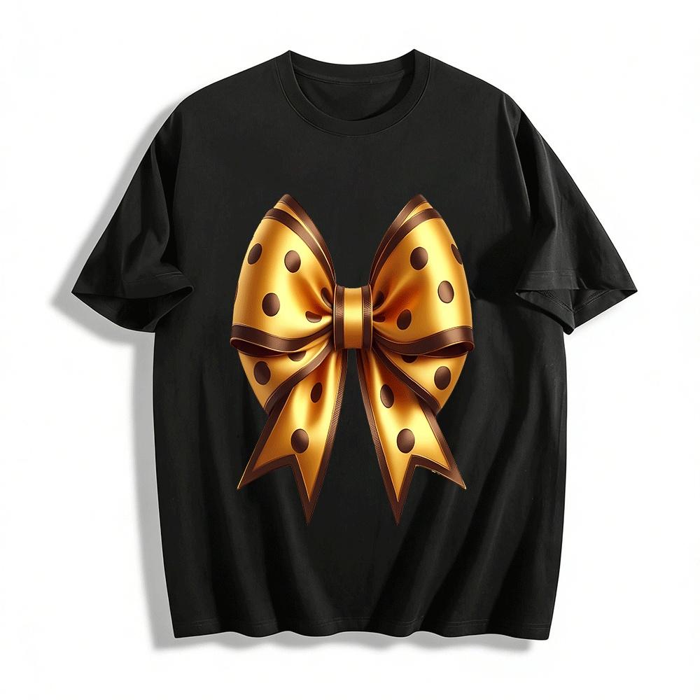 Vintage Gold Brown Polka Dot Bow Print Casual Top Pure cotton T-shirt XXS