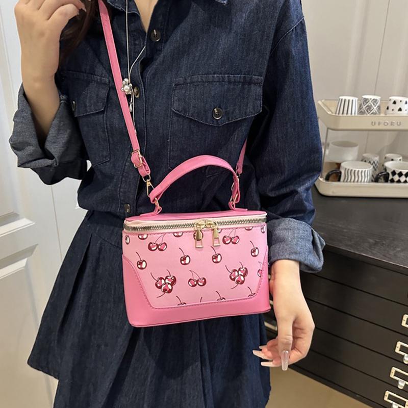 Chic Small Square PU Bag with Cherry Design Women's Trendy Crossbody Bag Sophisticate Commuter Handbag
