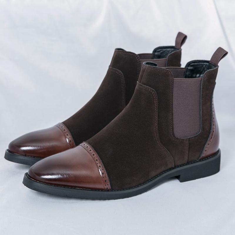 Fashion Winter New Men's Pointed Mixed Patchwork Slip On Ankle Boots British Designer Botas Trend Casual High-tops Shoes Zapatos Hombre