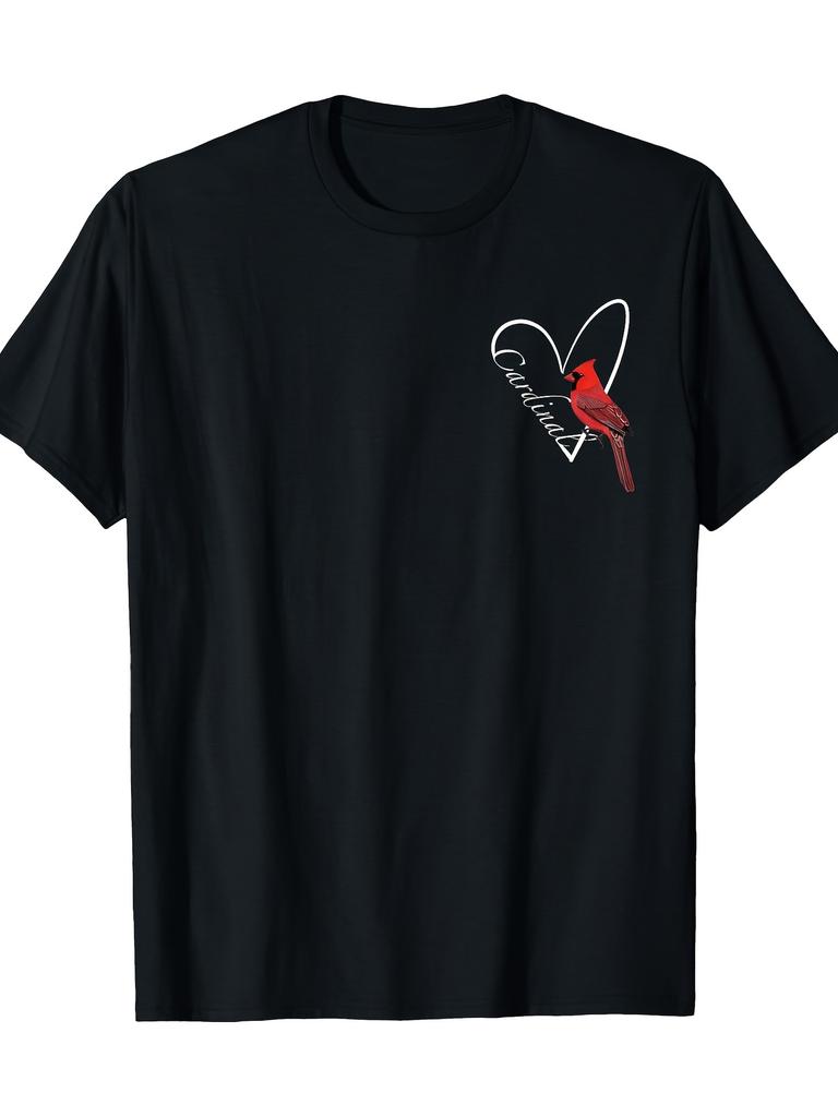 Cardinal Bird Heart Outline Graphic Tee Soft Cotton Casual Round Neck TShirt for Bird Lovers