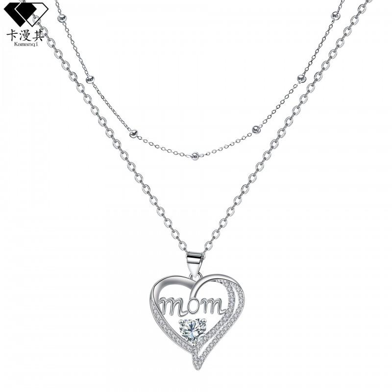 Double Layer Heart Pendant Necklace Women Tone Alloy With Cubic Zirconia Stacking Style Mom Jewelry