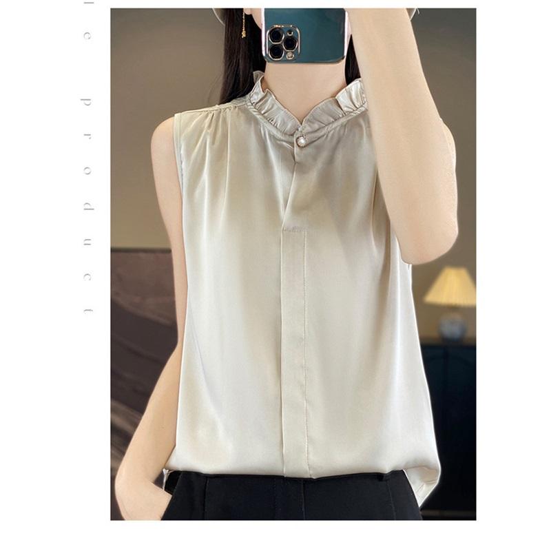 Lace Trim Sleeveless Solid Color One Button Blouse Silk Satin Slimming Commuter Shirt For Women Elegant Spring Summer Lightweight Top
