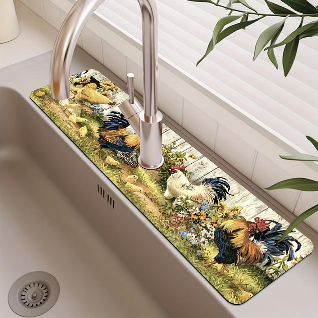 1Pcs Quick-drying Rooster Pattern Country Drying Pad, Very Suitable For Home Decoration And Bathroom, Faucet Absorbent Pad, Bathroom Faucet Splash Pad