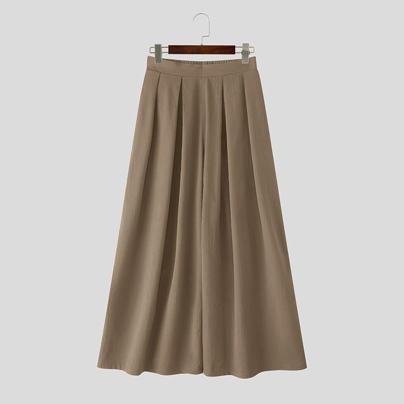 INCERUN Men Casual Elastic High Waist Long Wide Legs Pants Culottes Trousers