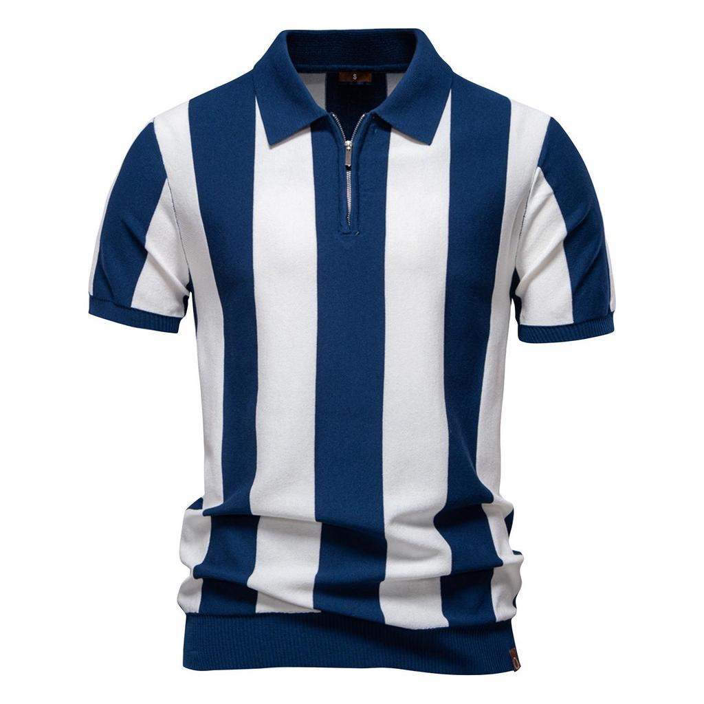 Men's Summer Stripe Knitted Zipper Lapel Short Sleeve Top Men's Casual Fashion Shirt
