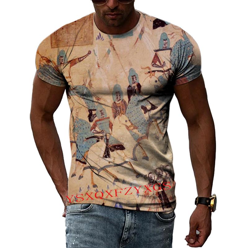 China Dunhuang Mural Art 3D Harajuku Printed Men's And Women's Summer Short-Sleeved Round Neck Literary Fashion T-shirt Top