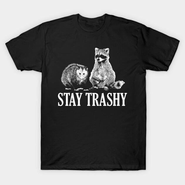 Asian Size Men Black Print T-shirt Stay Trashy Possum Raccoon No-Cut Print Cotton Tshirt XL чёрный