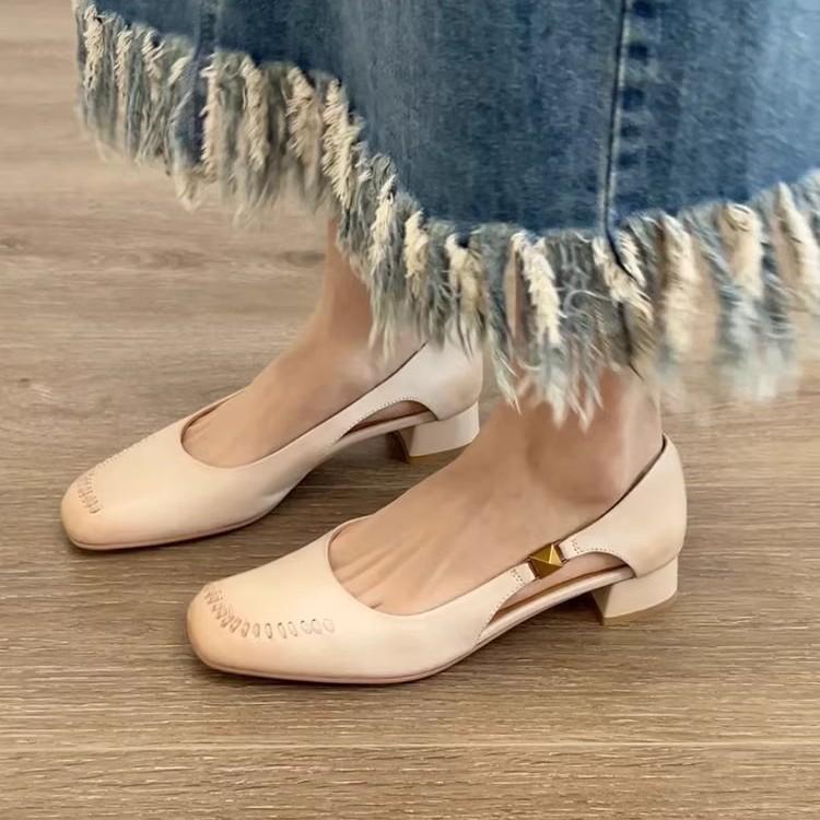 Sheepskin version~ retro shallow mouth square head side empty metal single shoes women's one-pedal commuting thick heel with skirt sandals