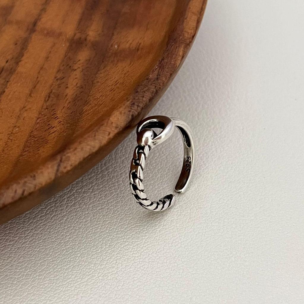 Korean Cable Knit Open Ring with Silver Beads - Niche Design Index & Tail Ring