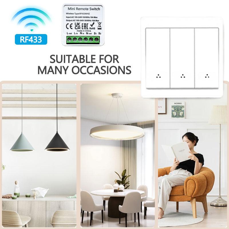 433MHz უსადენო ჭკვიანი კედლის ნათურის ჩამრთველი 1/2/3 განყოფილებიანი დისტანციური მართვის პანელი AC100–240V სტიკერის დიზაინი LED ნათურებისთვის სახლის ავტომატიზაცია