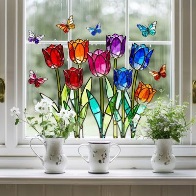 Tulip Stained Glass Window Film Decorative Tulip Bouquet Butterfly Window Cling Reusable Static Glass Sticker for Bathroom Living Room