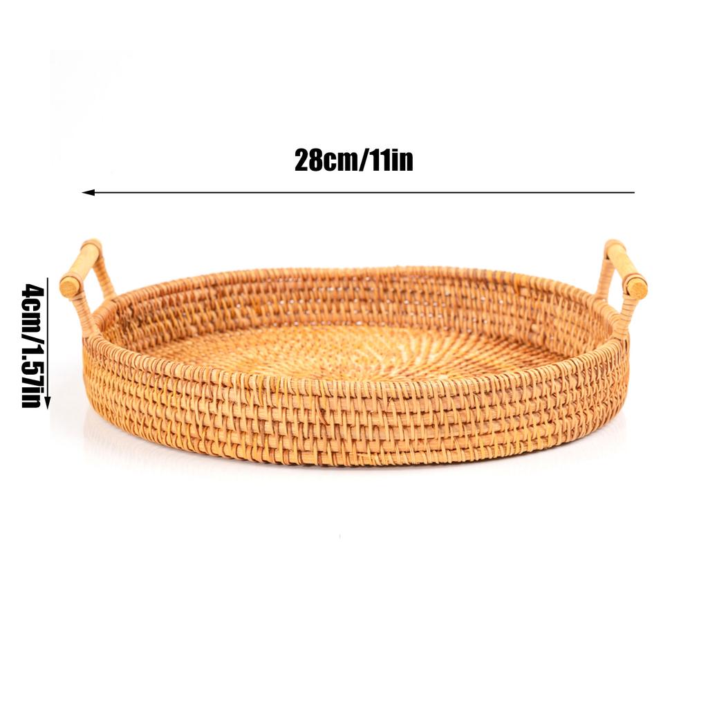 Hand Woven Round Rattan Serving Tray Bread Fruit Dessert Snack Basket with Handles Diameter 28cm Height 4cm