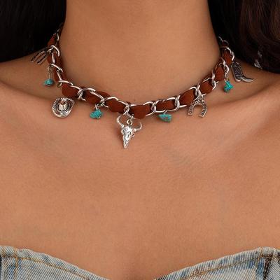 Ethnic Style Bull Head Alloy Necklace with Velvet Chain