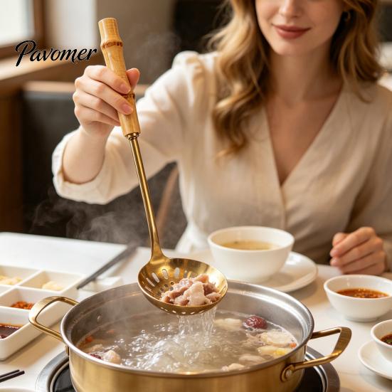 Heat Resistant Bamboo Handle Spoons Stainless Steel Hot Pot Spoon/Colander, Handles Comfortable Grip Soup Spoon, Easy Cleaning Mirror Polished Serving