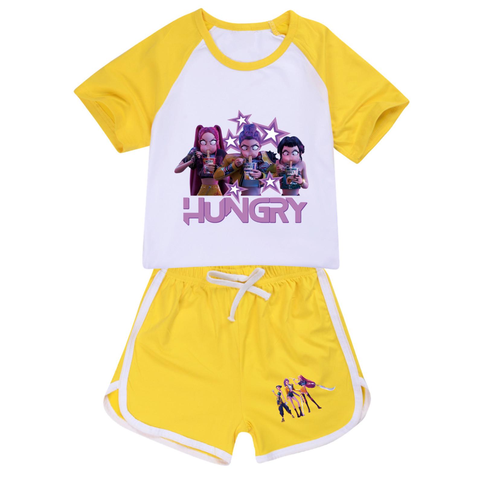 

Детская летняя спортивная футболка и шорты, комплект из 2 предметов, спортивный костюм, комплект одежды с коротким рукавом и принтом, кроп-топы 140 жёлтый