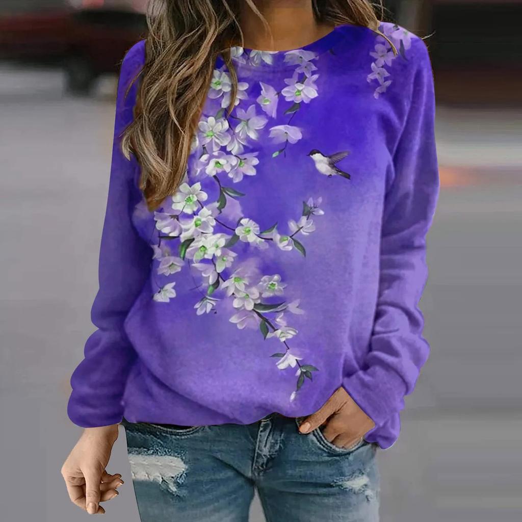 Women's T-Shirts Beautiful Flower and Bird 3D Printed Women's Long Sleeve T-shirt
