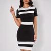 Women's Round Neck Short Sleeve Color Block Striped Bodycon Mini Dress Elegant Office Casual Party Pencil Dress