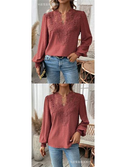 Autumn/Winter V-Neck Lace Long Sleeve Casual Solid Color Women's Top