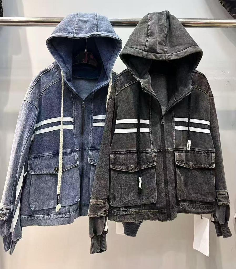 European Women's Denim Jacket: Spring 2026 New Arrival, Striped Patchwork, Large Pockets, Loose Fit, Hooded, Long Sleeve