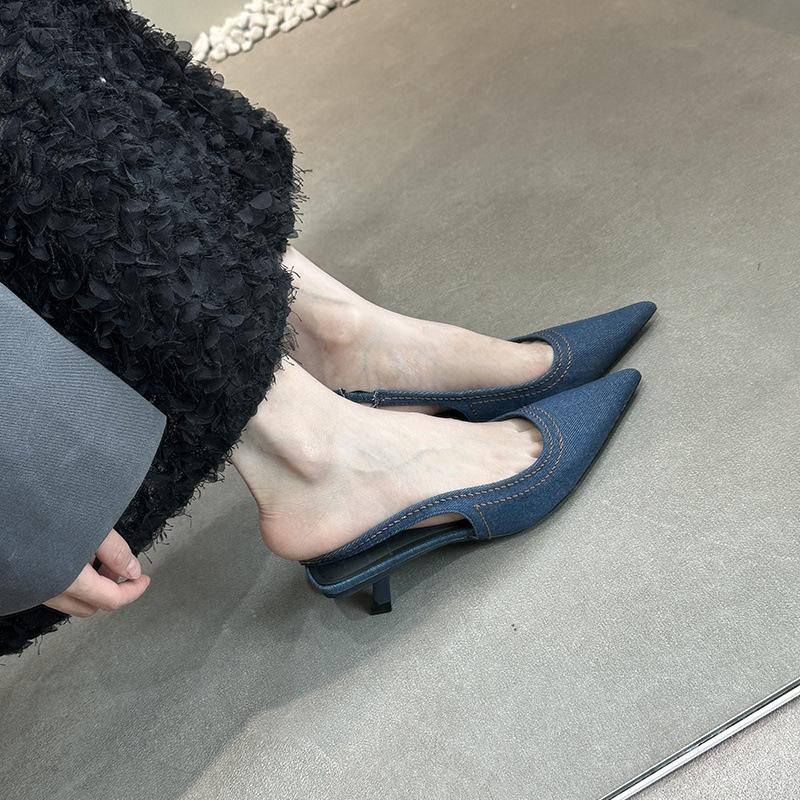 French Stiletto Pointed Back Empty Sandals Fairy Shoes Fairy Single Shoes Summer Denim Bag Head Cat Heel Muller High Heels