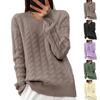 Women's Fashion Solid Colour Long Sleeve Twisted Flower V-Neck Knitwear Pullover Top Sweater