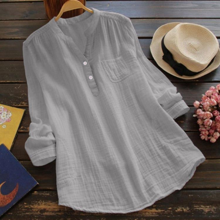Loose Casual Shirt Women Gauze Blouse Multi Color Henley Neck 3 4 Sleeve
