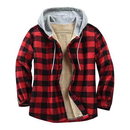 Winter Men Jacket Plaid Buttoned Coldproof Loose Plush Lining Hooded Jacket Outwear