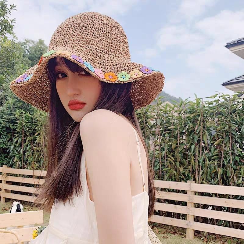 My Extreme Outdoor Activities Women's Khaki Summer New Hats Straw Sun Hat With Flowers Lady Summer Hat Wave Brim Bucket Cap Straw Hats Beach Panama 54-58Cm